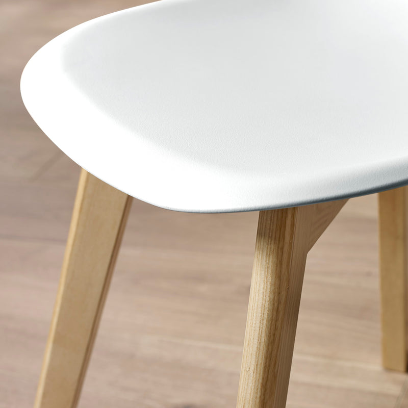 Close-up of a white chair with wooden legs on a wooden floor.