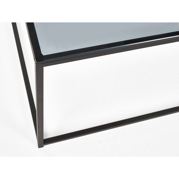 Close-up of a black metal frame with glass on a white background