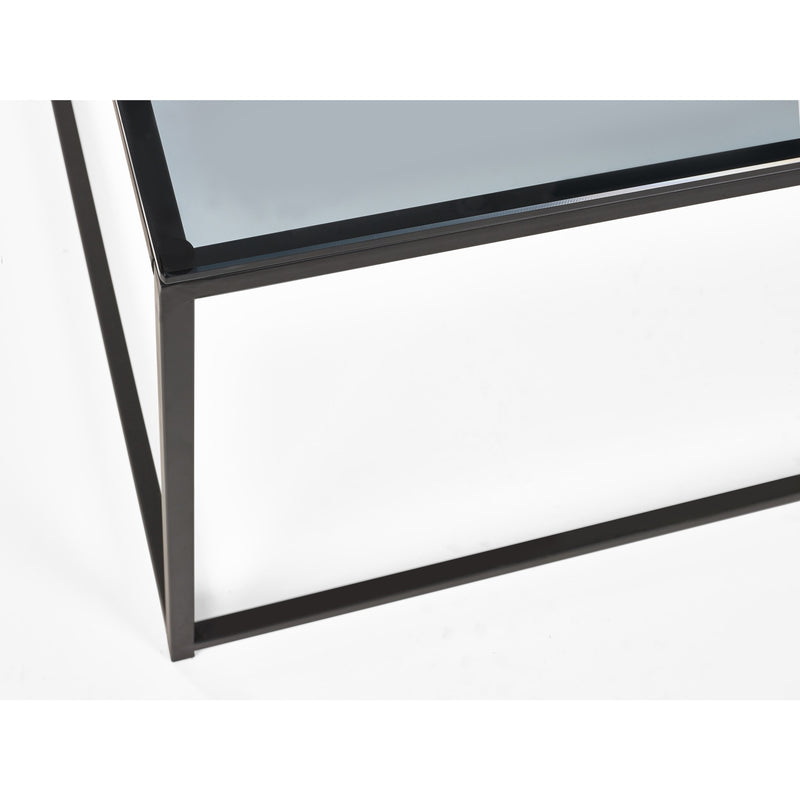 Close-up of a black metal frame with glass on a white background