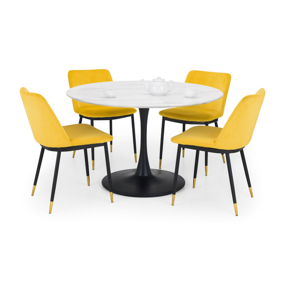 Round white table with four yellow chairs on a white background