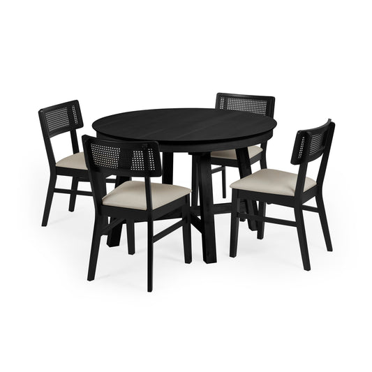 Black dining table with four matching chairs on a white background