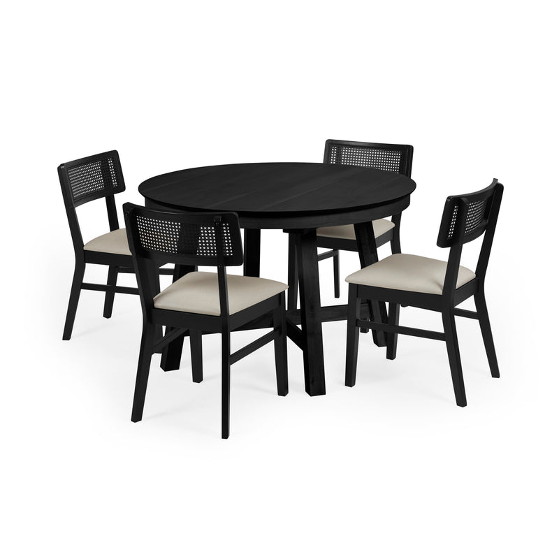Black dining table with four matching chairs on a white background