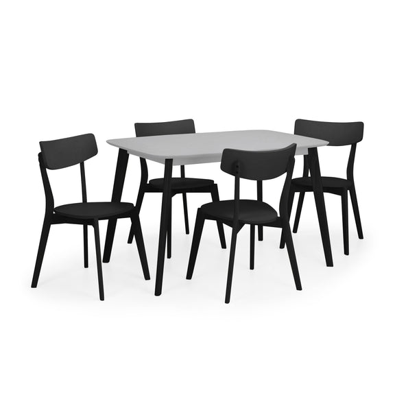 Dining table set with six black chairs on a white background