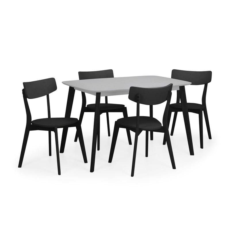 Dining table set with six black chairs on a white background