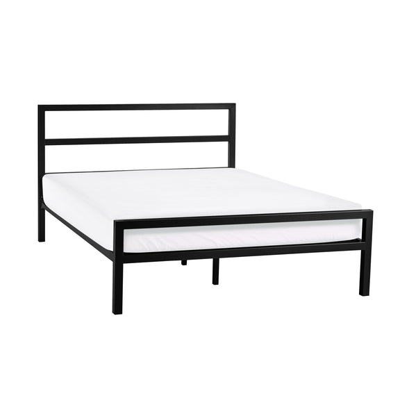Black metal bed frame with white mattress on a white background