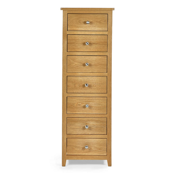 Wooden tall cabinet with five drawers on a white background