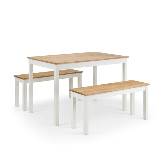 Dining table and two benches with wooden top and white base on a white background