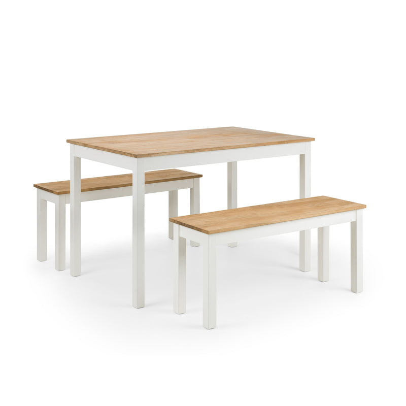 Dining table and two benches with wooden top and white base on a white background