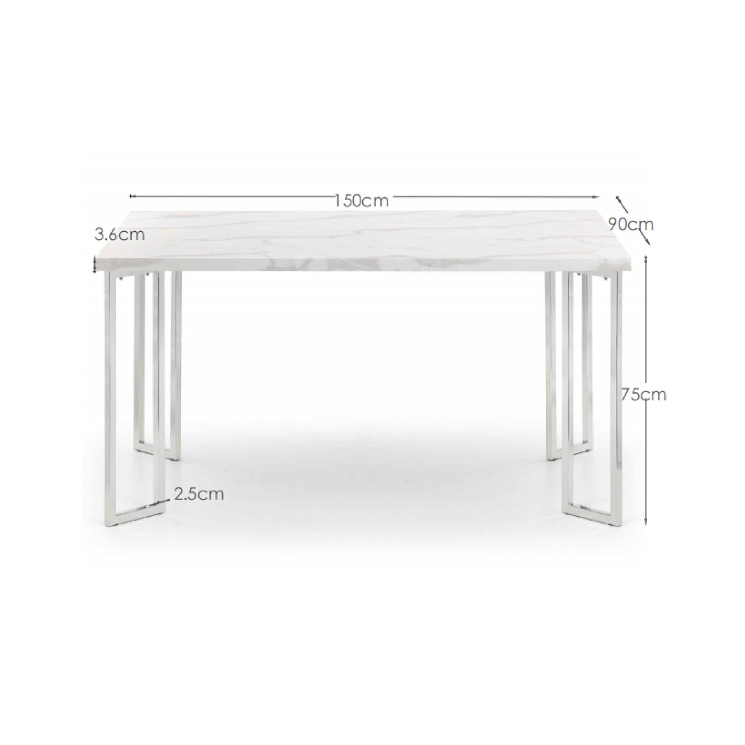 White desk with dimensions labeled on a white background