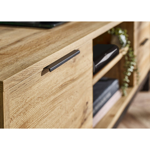 Wooden entertainment console with a drawer and electronic devices inside