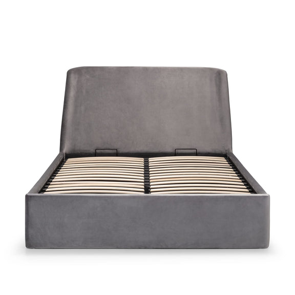 Gray upholstered bed frame with wooden slats on a white background