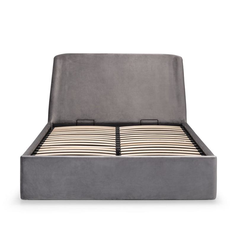 Gray upholstered bed frame with wooden slats on a white background