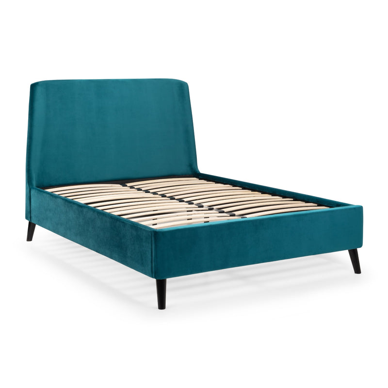 Teal bed frame with wooden slats on a white background