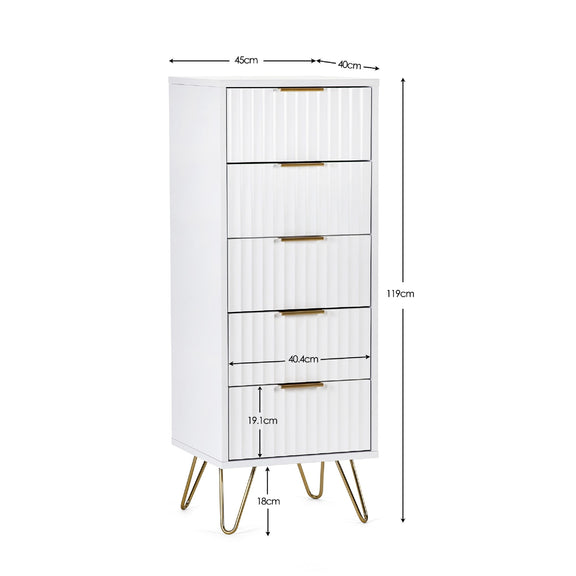 White cabinet with gold legs and dimensions labeled on a white background