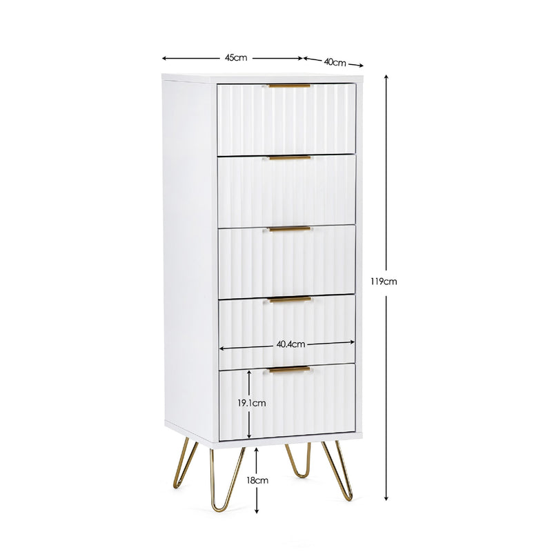 White cabinet with gold legs and dimensions labeled on a white background