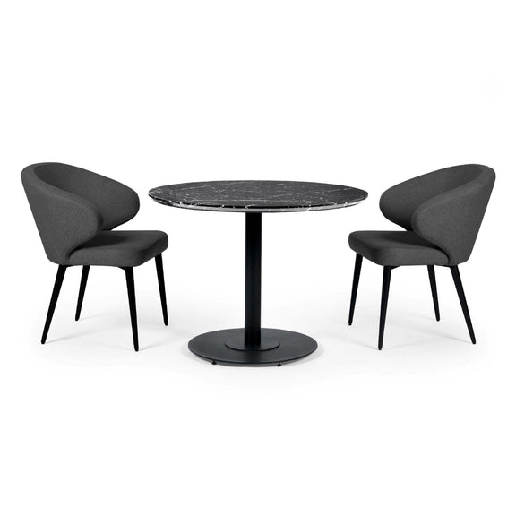 Black round table with two modern chairs on a white background