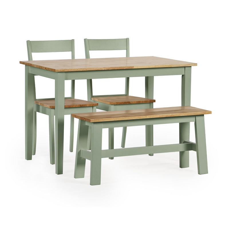 Dining set with table, chairs, and bench on a white background