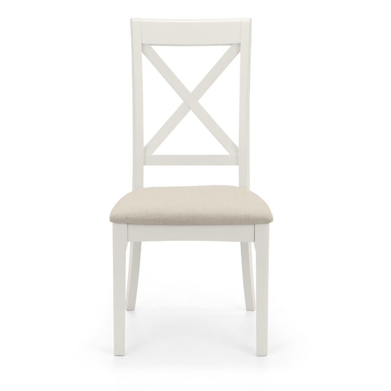 White chair with a beige cushion on a white background