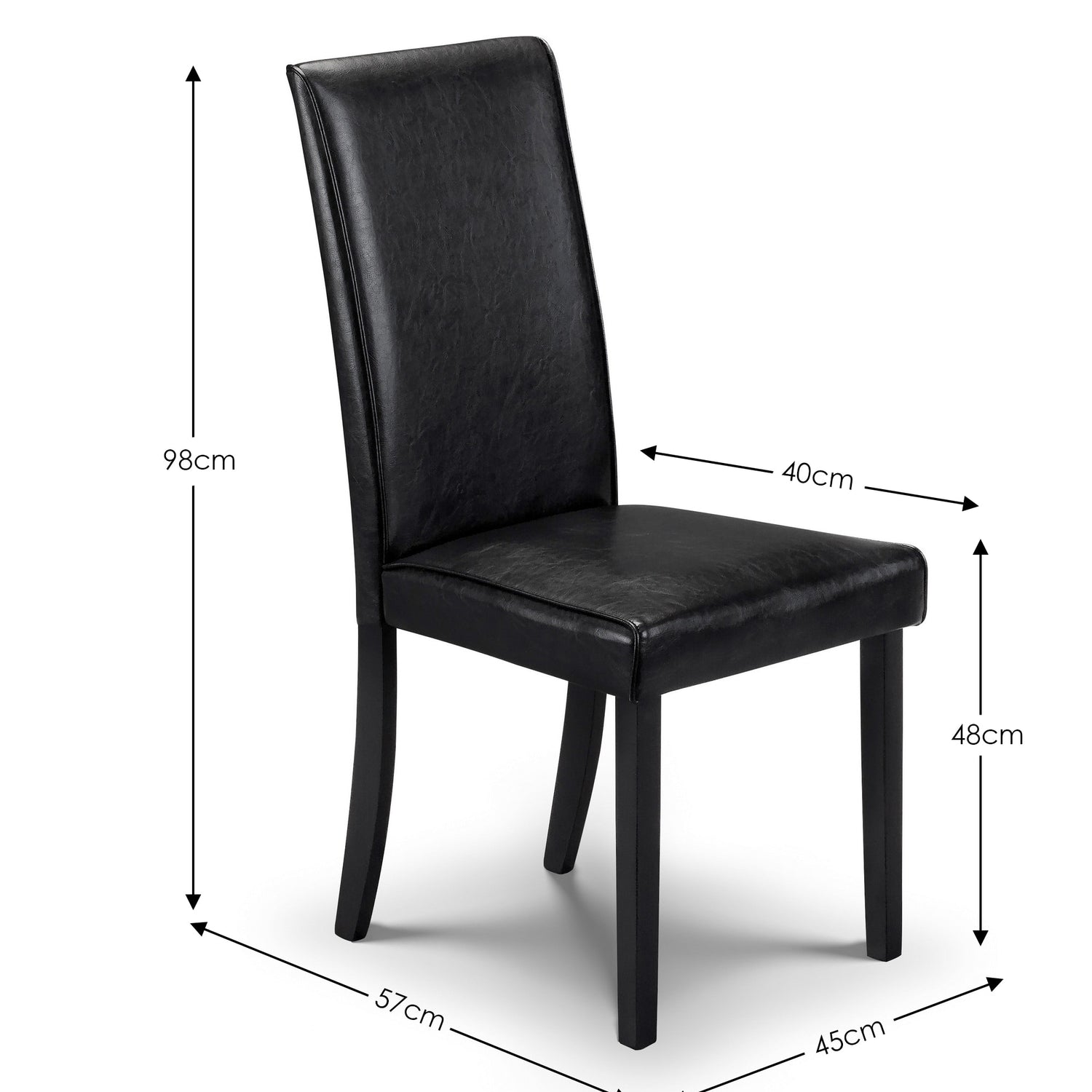 Black leather chair with dimensions marked on a white background
