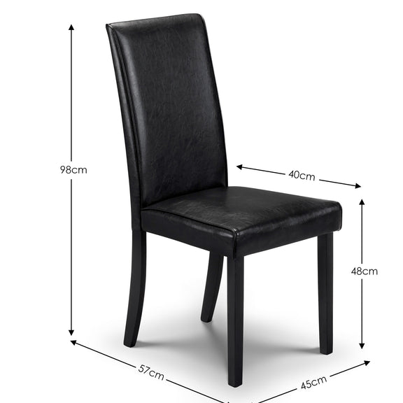 Black leather chair with dimensions marked on a white background