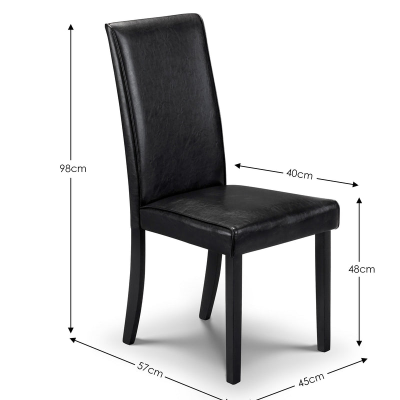 Black leather chair with dimensions marked on a white background
