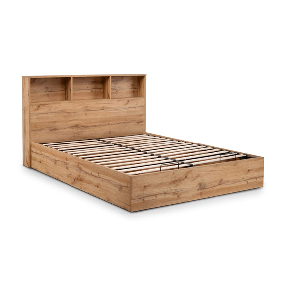 Wooden bed frame with storage compartments on a white background