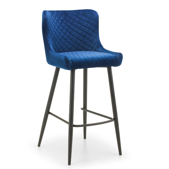 Blue quilted bar stool with black legs on a white background