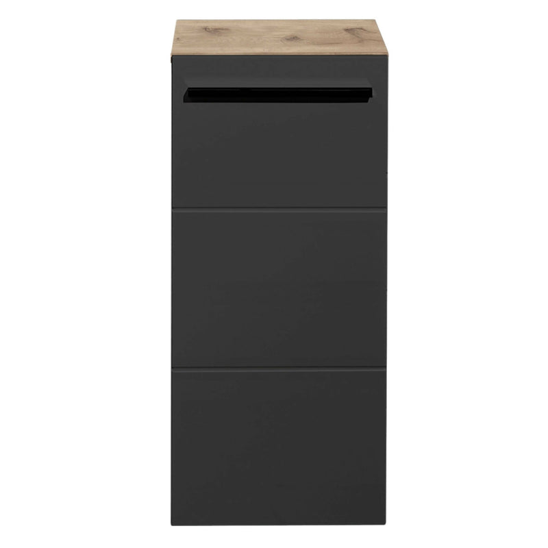 Black cabinet with wooden top on a white background