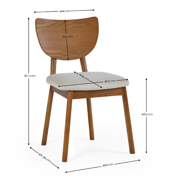 Wooden chair with dimensions marked on a white background