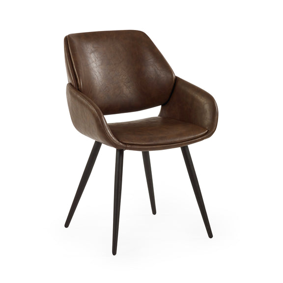 Brown leather chair with black metal legs on a white background