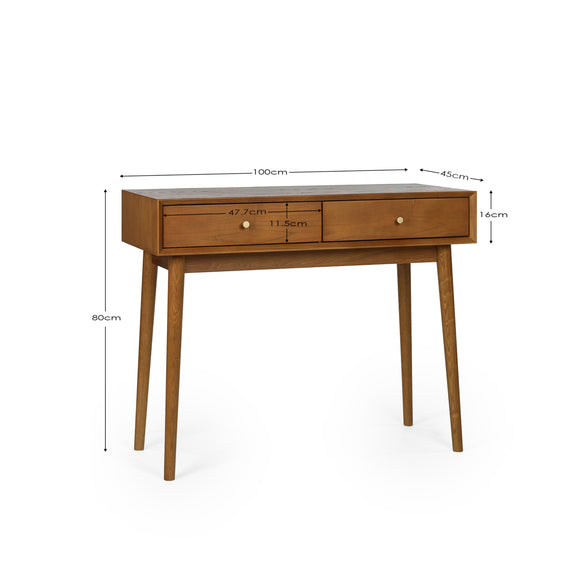 Wooden console table with dimensions labeled on a white background