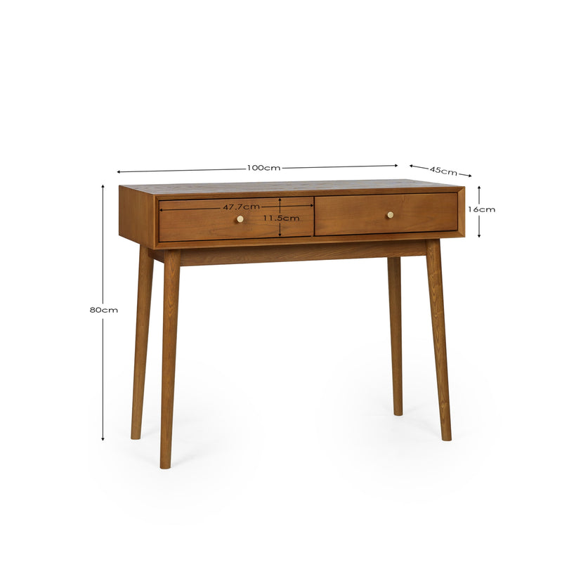 Wooden console table with dimensions labeled on a white background