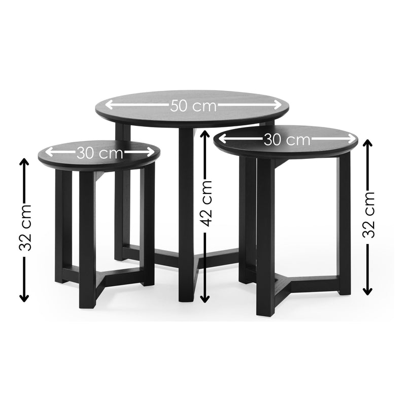 Set of three black nesting tables with dimensions indicated on a white background