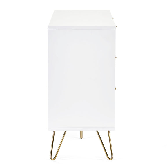White nightstand with gold hairpin legs on a white background