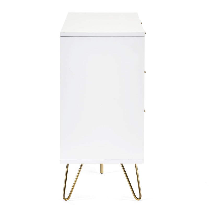 White nightstand with gold hairpin legs on a white background
