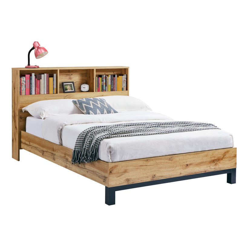 Wooden bed with bookshelf headboard, pillows, and a lamp on a white background
