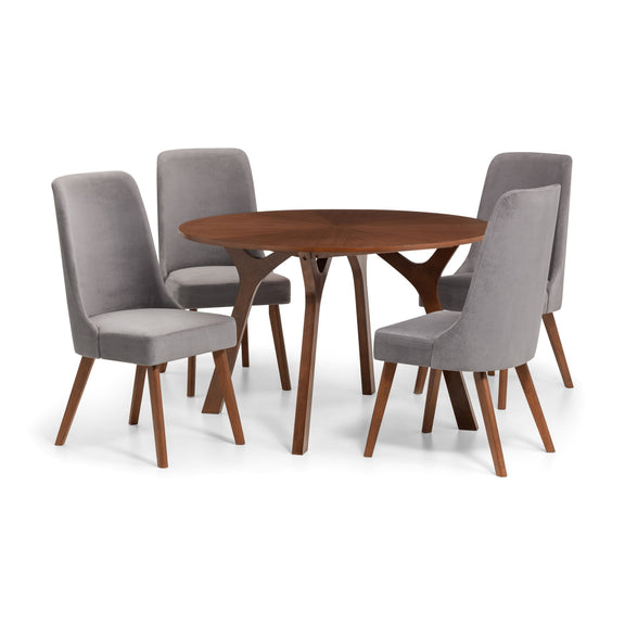 Dining table set with four gray chairs on a white background