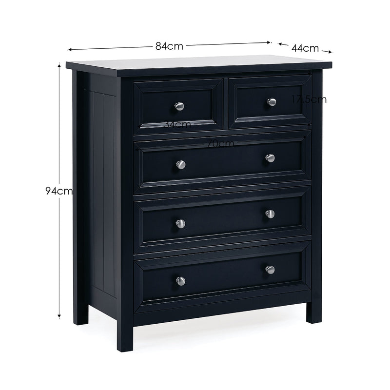 Black dresser with dimensions labeled on a white background