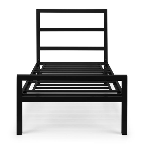 Black metal bed frame on a white background