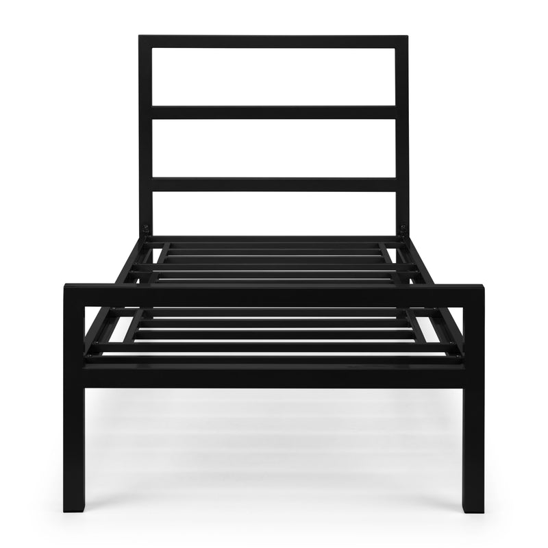 Black metal bed frame on a white background