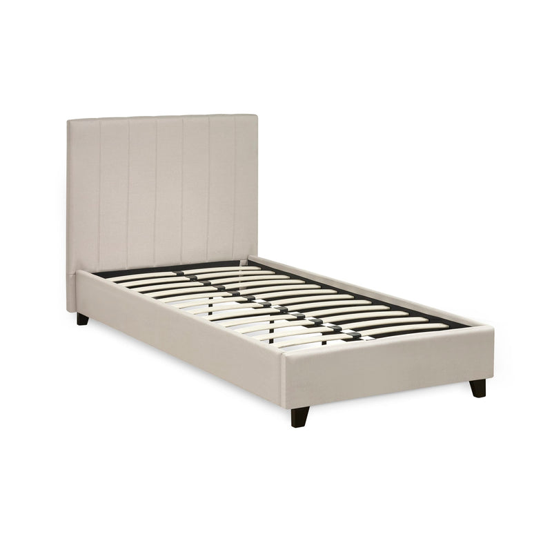 Beige upholstered bed frame with wooden slats on a white background