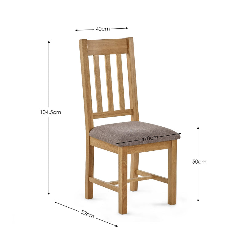 Wooden chair with gray cushion and dimensions labeled on a white background