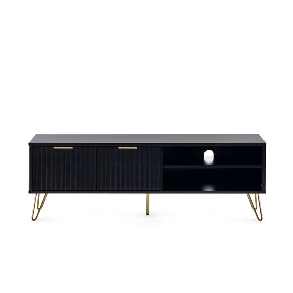 Black TV stand with gold legs on a white background