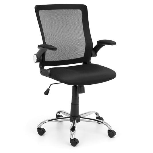 Black office chair with mesh backrest on a white background