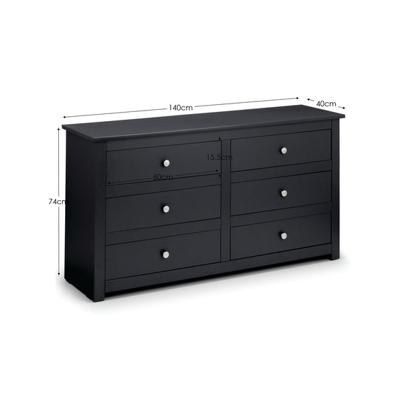 Black dresser with dimensions labeled on a white background
