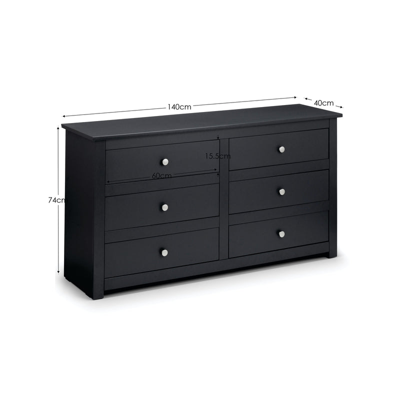 Black dresser with dimensions labeled on a white background