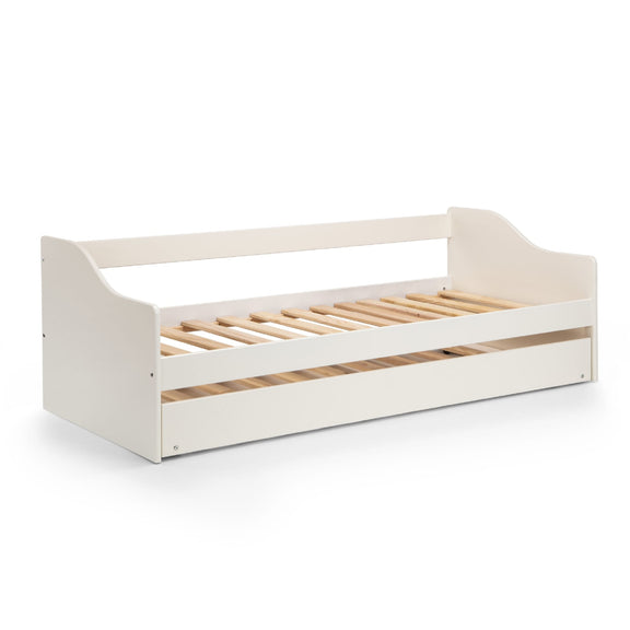 White bed frame with wooden slats on a white background