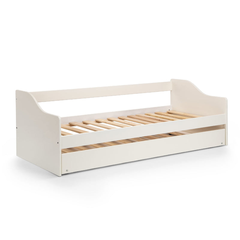 White bed frame with wooden slats on a white background