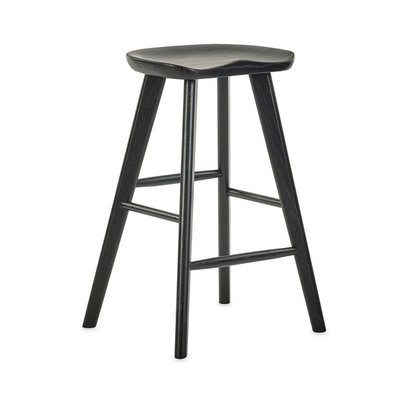 Black bar stool with a gray seat on a white background