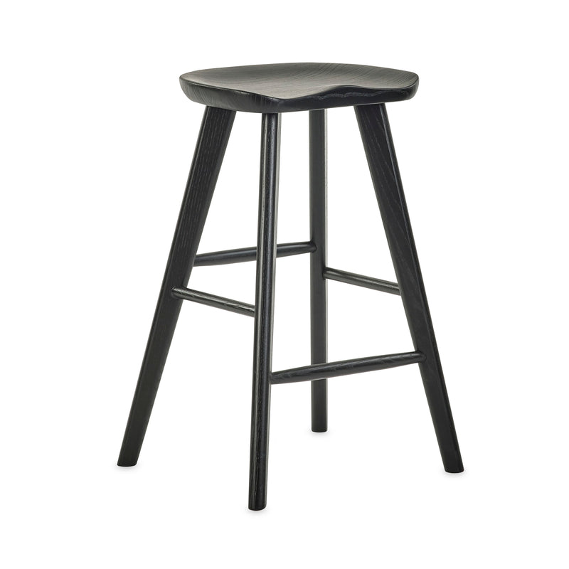Black bar stool with a gray seat on a white background